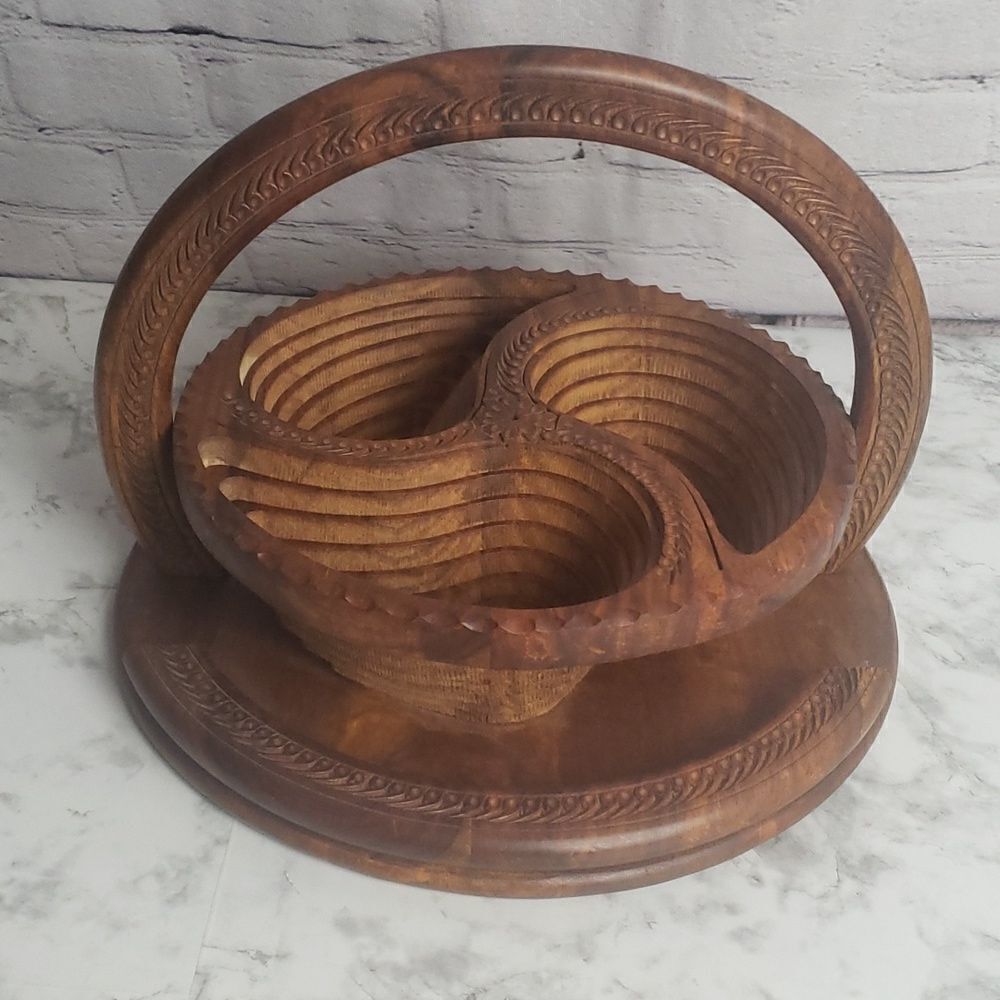 Vintage Handmade Wooden Carved Basket